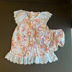 Baby Blue Baby’s Dress with Pink Floral design and Blue Lace Size 12 Month